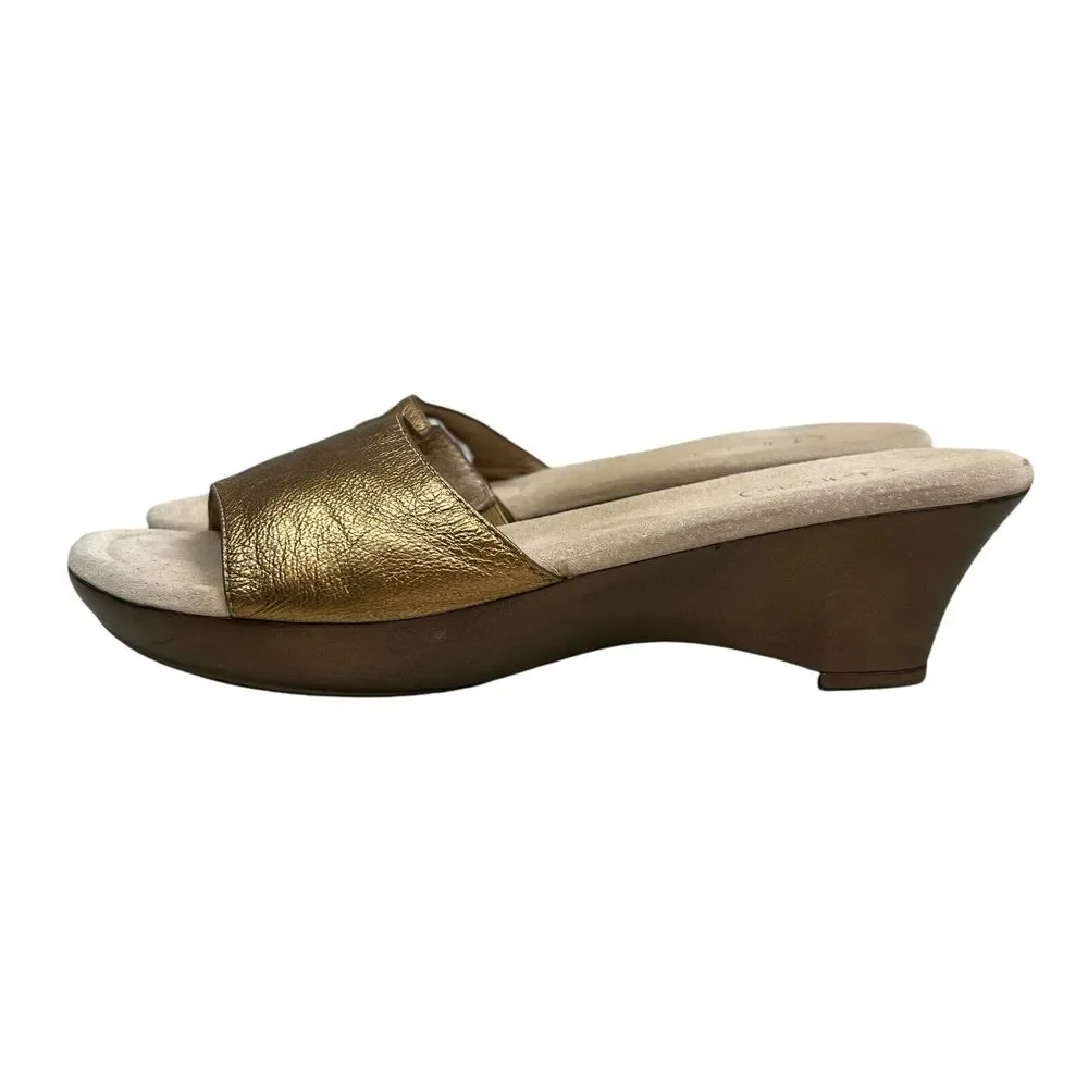 Talbots Womens Wedge Sandals Mule Leather Gold Bronze Cushioned Footbed Sz 8.5AA